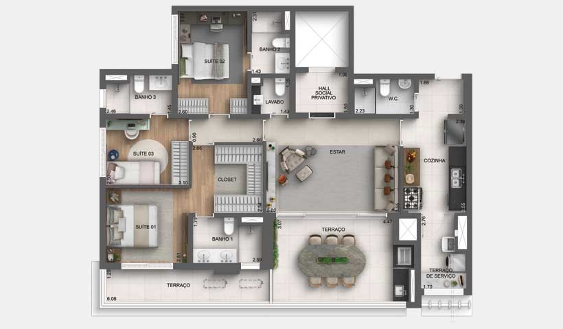 Planta Apartamento com 3 suítes