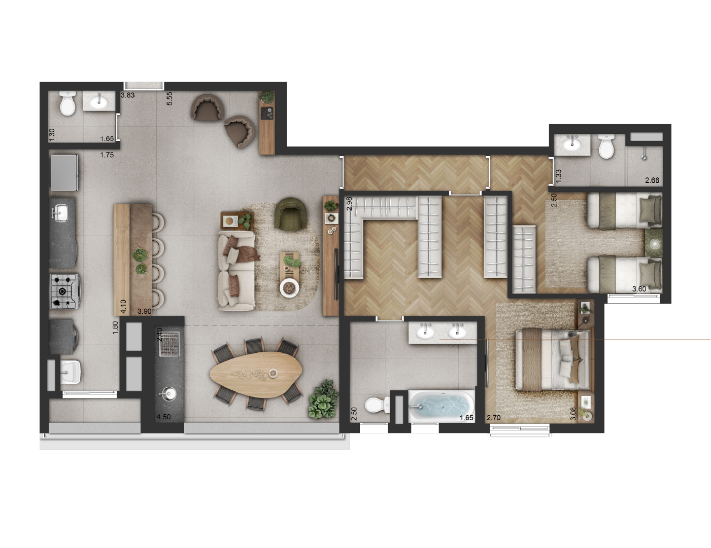 Planta 2 suítes · living ampliado