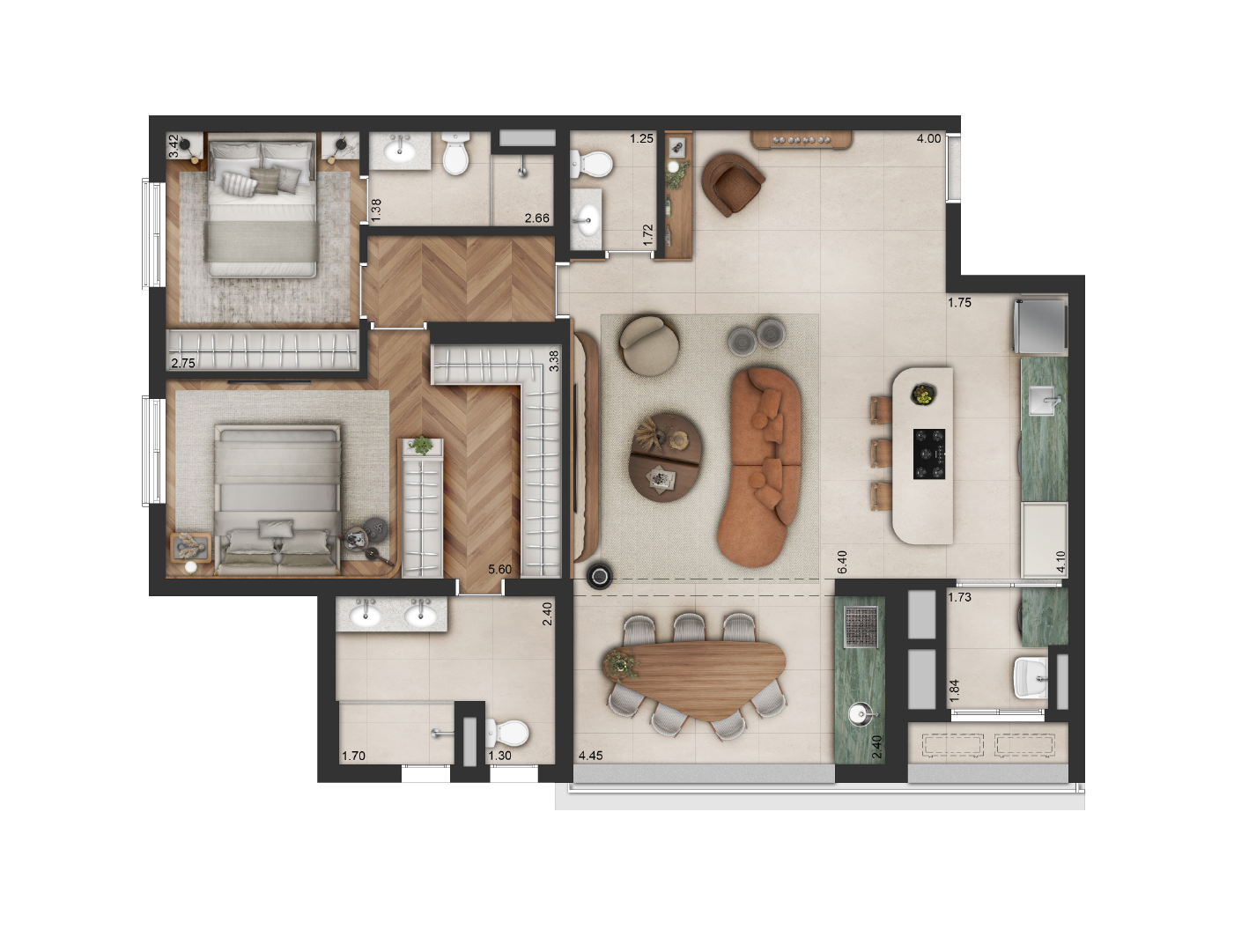 Planta 2 suítes · living ampliado