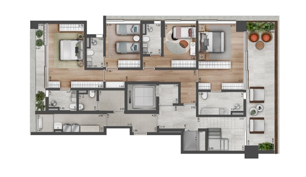 Planta Cobertura Duplex com 4 suítes e depósito privativo