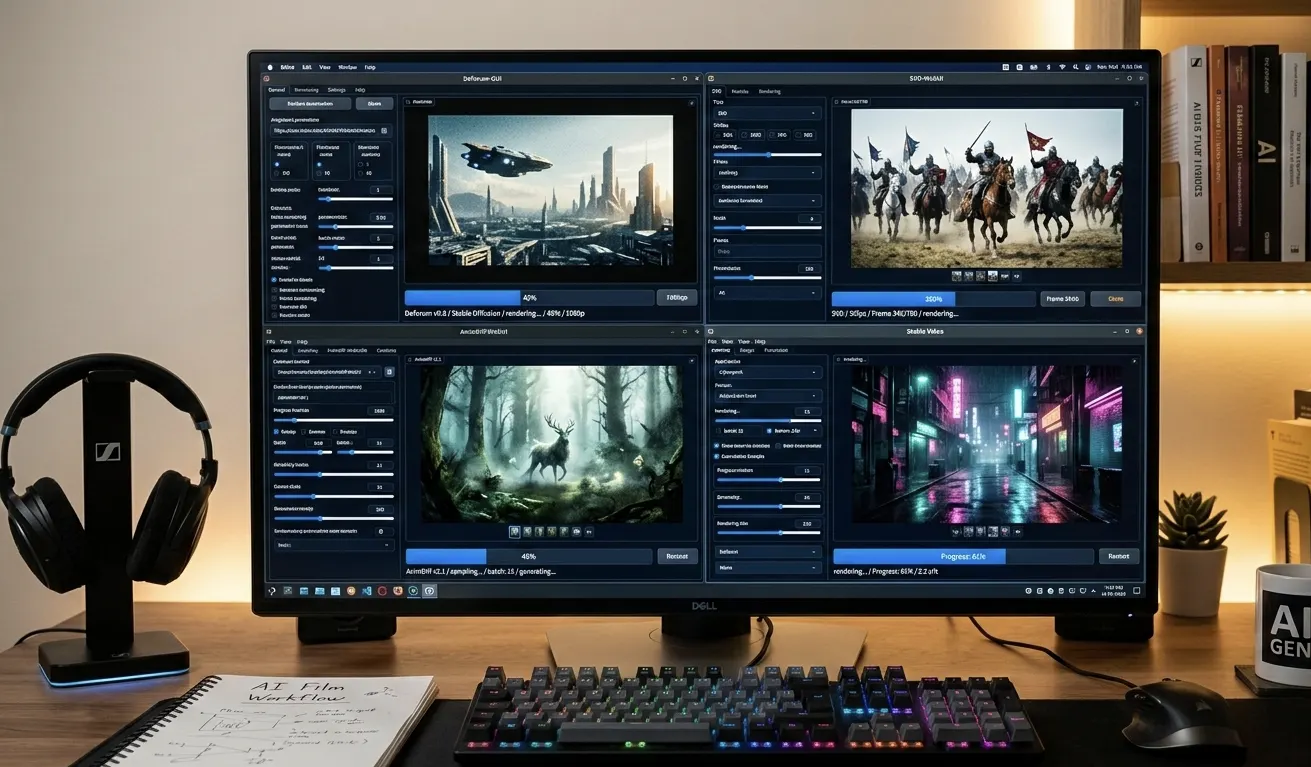 A computer screen displaying the interface of various open-source AI video generators rendering cinematic scenes
