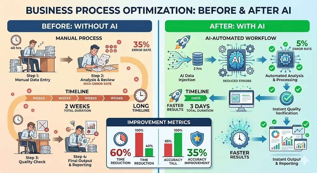 AI ROI Dashboard showing cost reduction percentage, time saved, accuracy improvement, and productivity gains