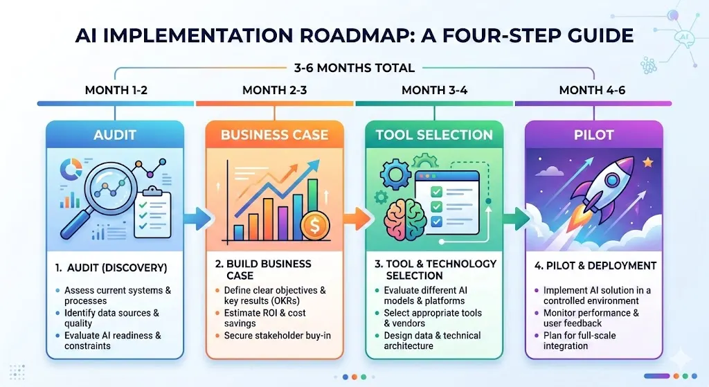 AI Implementation Roadmap - Four step process showing Audit, Business Case, Tool Selection, and Pilot phases with timeline