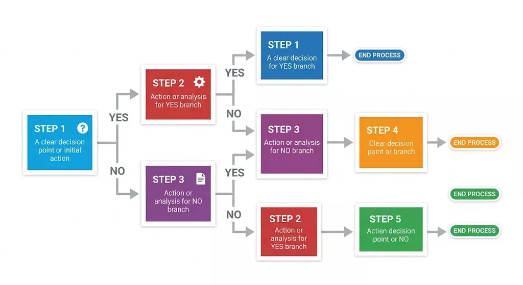 decision tree flowchart with five sequential steps