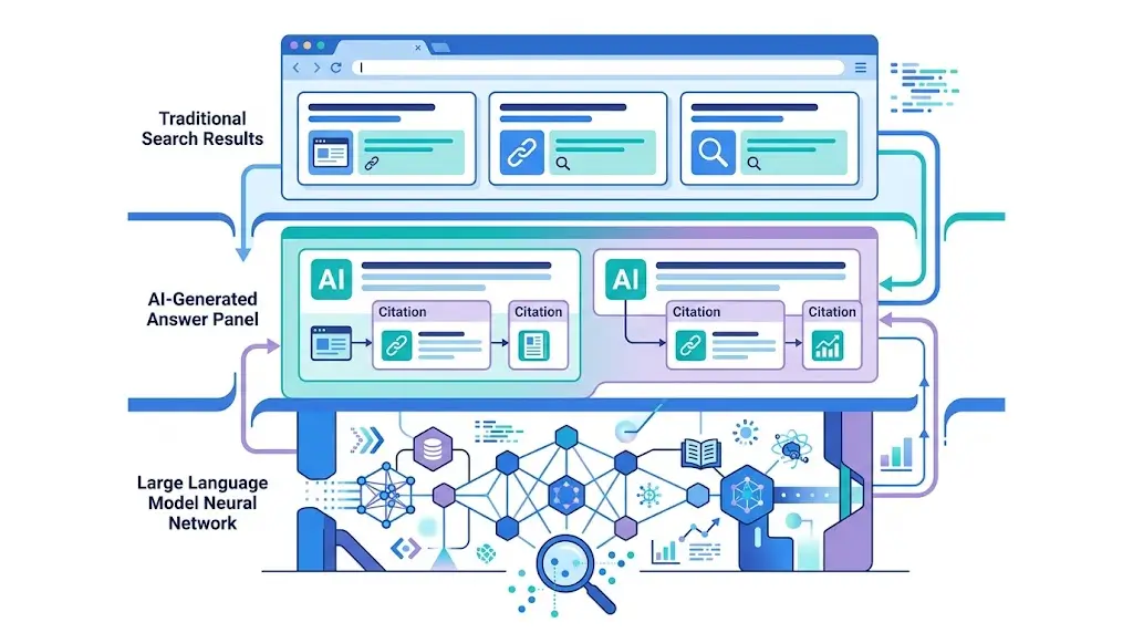 What is AI SEO? Complete Guide to GEO, AEO & LLMO 2026 AI SEO diagram showing the three layers of AI search optimization — traditional SEO, GEO, AEO, and LLMO — as a unified strategy stack