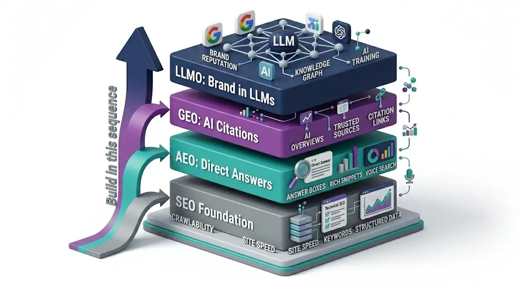 AI SEO four-layer stack diagram 2026 The four-layer AI SEO stack: SEO foundation at base, then AEO for direct answers, then GEO for AI-generated citations, then LLMO for brand-level model awareness at the top