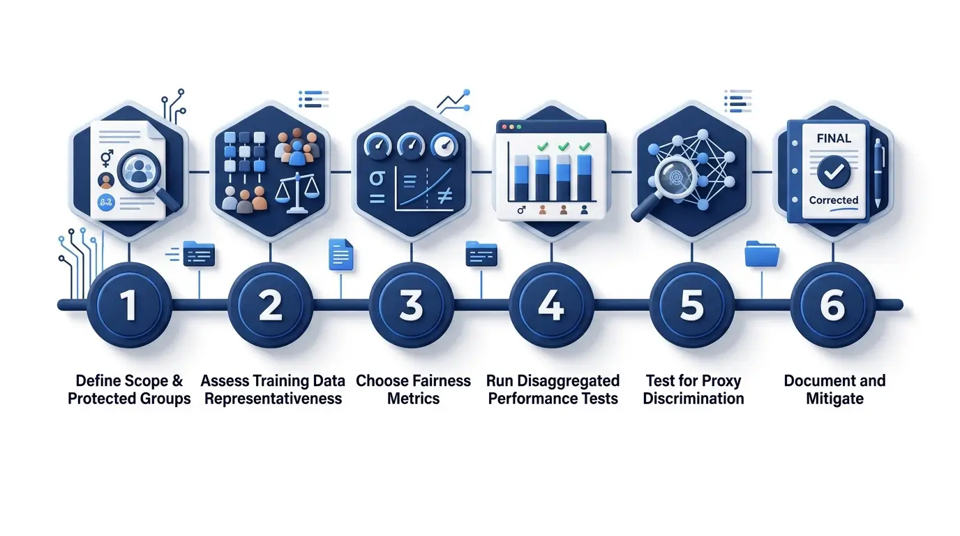 Six-step bias audit methodology flow diagram: define scope, assess data, choose metrics, run tests, check proxy discrimination, document findings