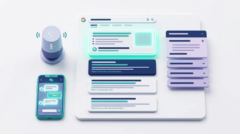 Diagram showing the four AEO surfaces — featured snippets, People Also Ask, voice search, and AI answer boxes — around a Google search results page