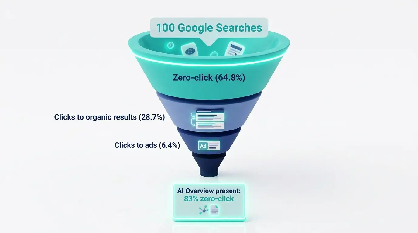 Funnel diagram showing that 64.8% of Google searches end without a click, rising to 83% when an AI Overview is present, with remaining clicks split between organic results and ads