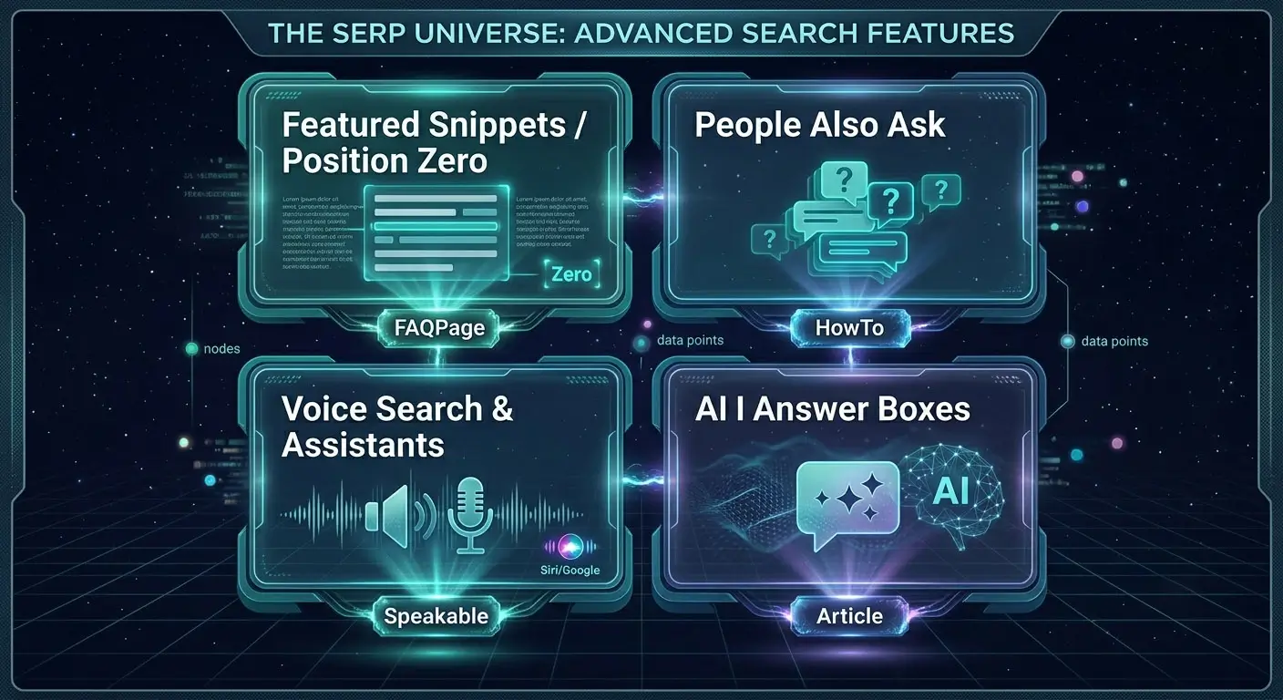 2x2 grid diagram of the four AEO surfaces: featured snippets, People Also Ask, voice search and assistants, and AI answer boxes, each with their corresponding schema markup type