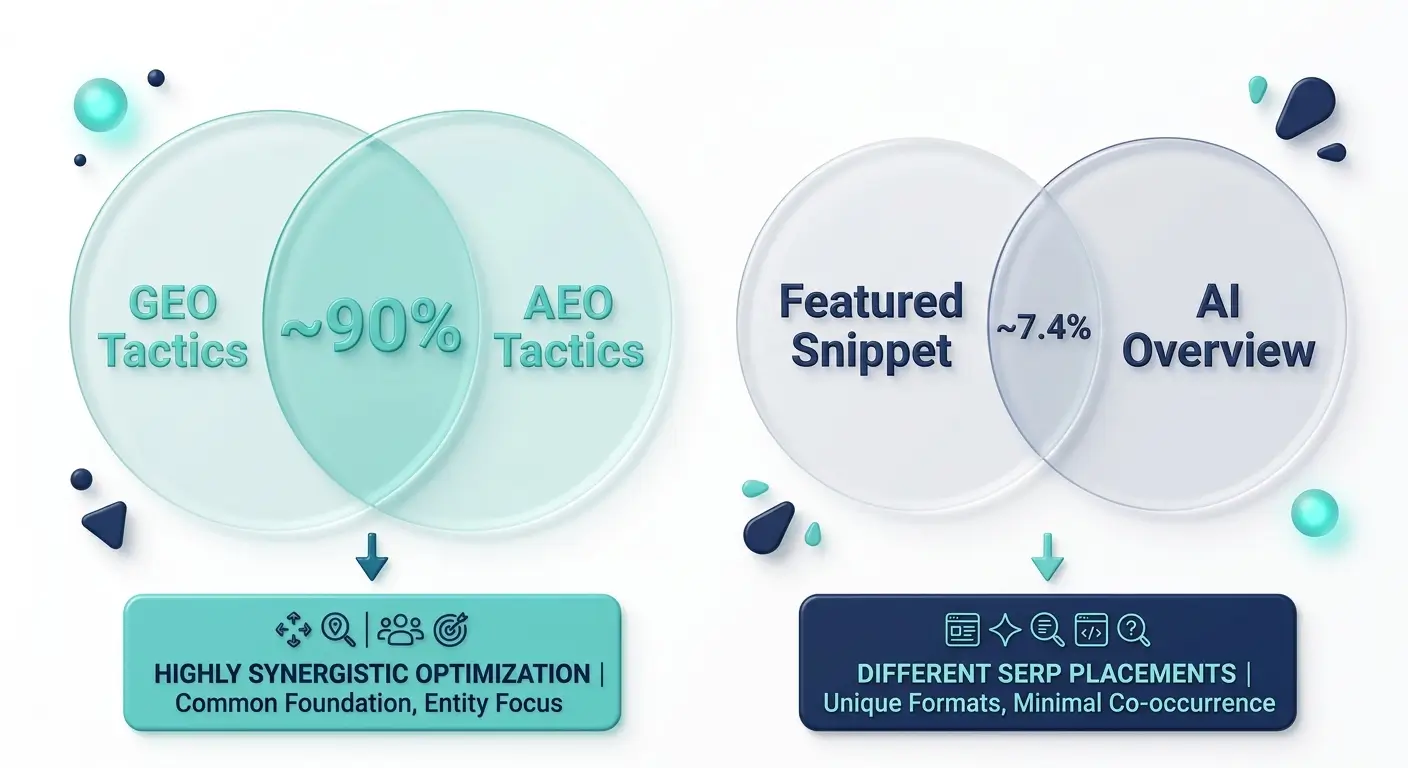 Two comparison diagrams: one showing roughly 90% overlap between GEO and AEO content tactics, and another showing roughly 7.4% overlap between featured snippet and AI Overview SERP feature presence