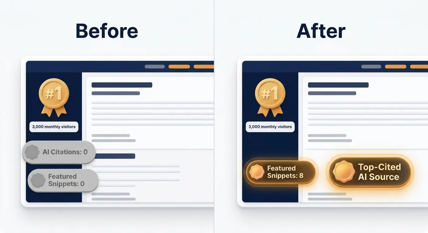 Before and after comparison showing a page with #1 ranking and 3,000 monthly visitors but zero AI citations, then the same ranking and traffic but with 8 featured snippets and top-cited AI source status after AEO implementation