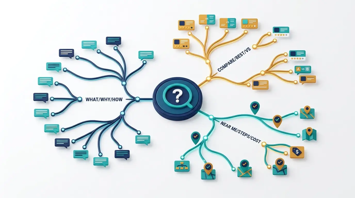 Branching question tree diagram showing how a single seed keyword fans out into informational, consideration, and transactional AEO keyword clusters
