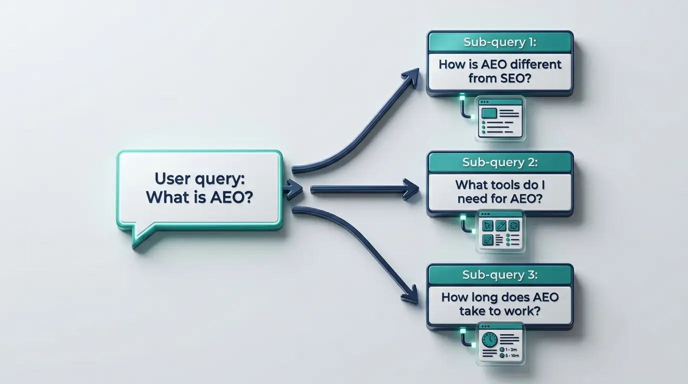 Diagram showing how a single user query 'What is AEO?' fans out into three related sub-queries that AI systems retrieve answers for simultaneously