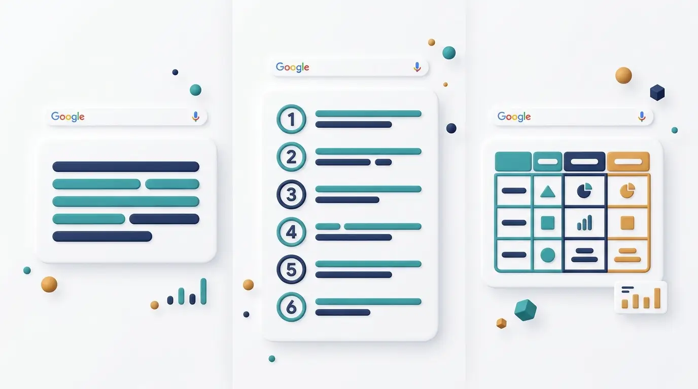 Three-panel illustration showing the three featured snippet formats: paragraph snippet, list snippet, and table snippet, each with their corresponding Google search interface