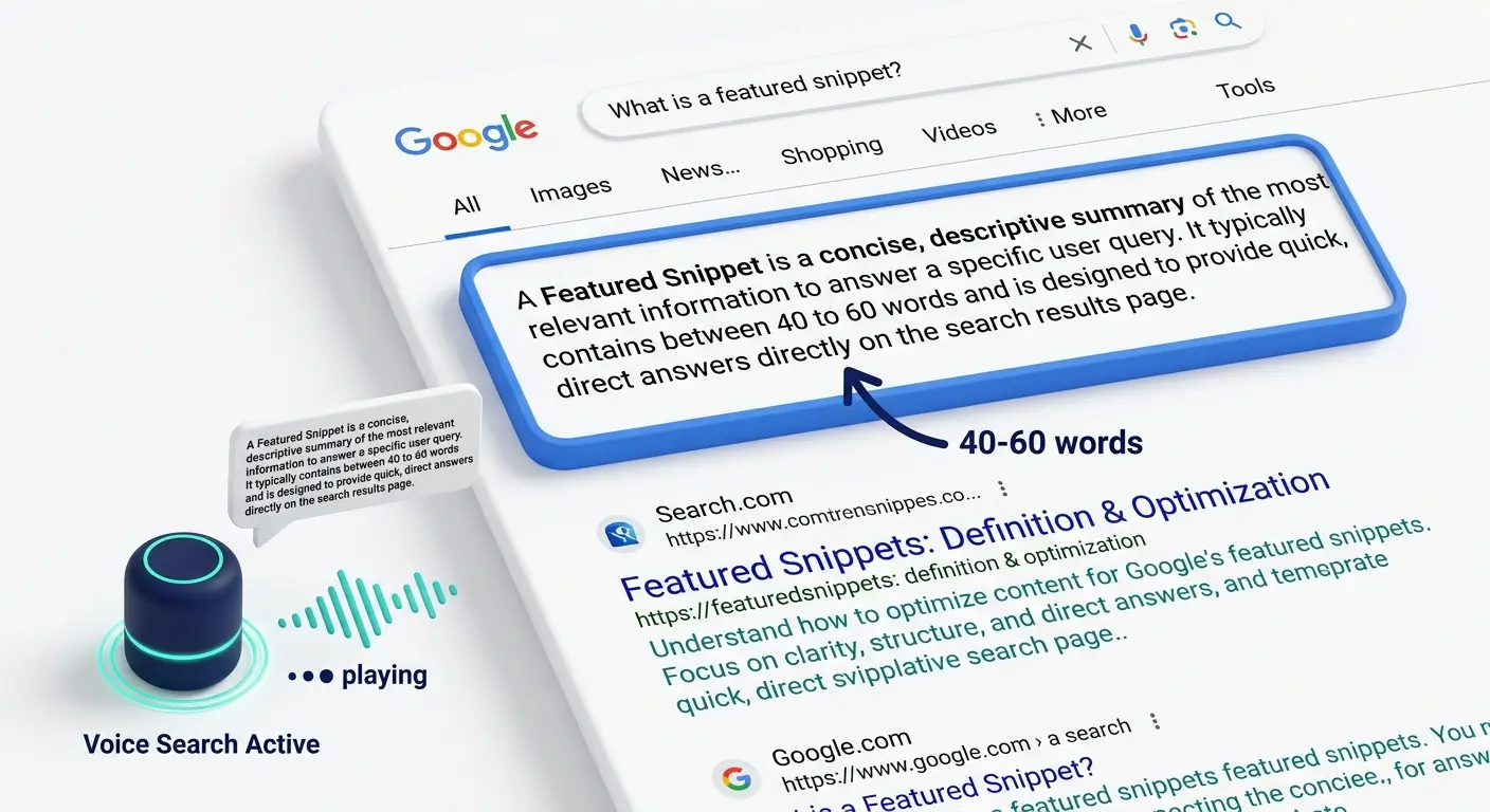 Google search results page showing a paragraph featured snippet with a 40-60 word annotation, alongside a voice assistant speaker icon showing that the same content is read aloud