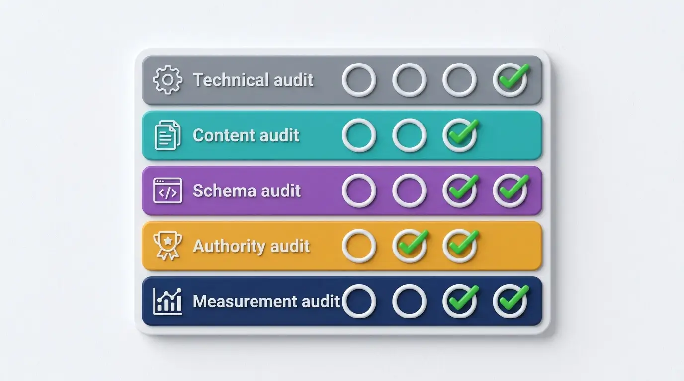 Five-category AEO checklist board showing Technical, Content, Schema, Authority, and Measurement audit dimensions with checkbox indicators