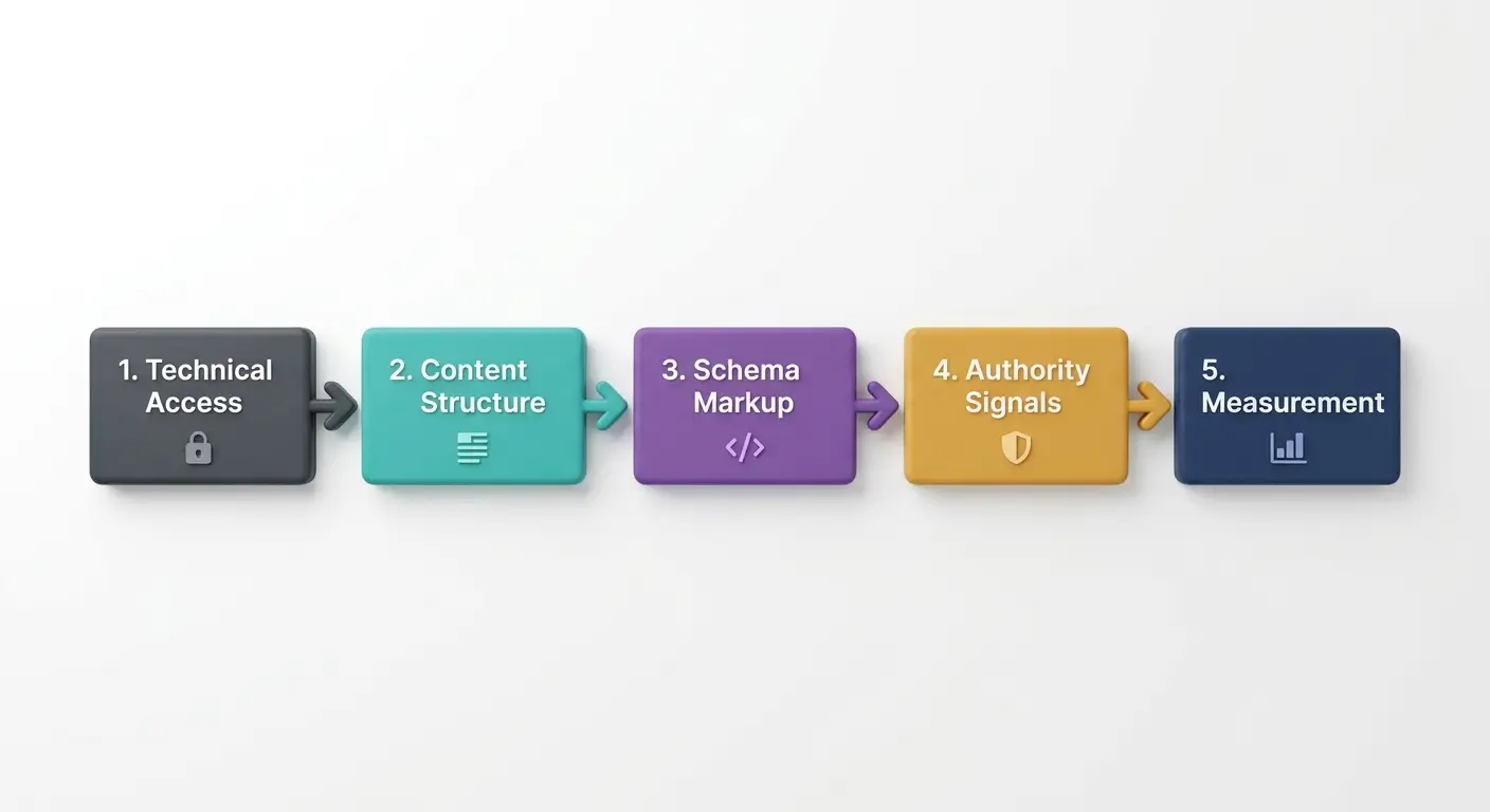Five-step AEO audit process flow: Technical Access, Content Structure, Schema Markup, Authority Signals, Measurement — run in this sequence