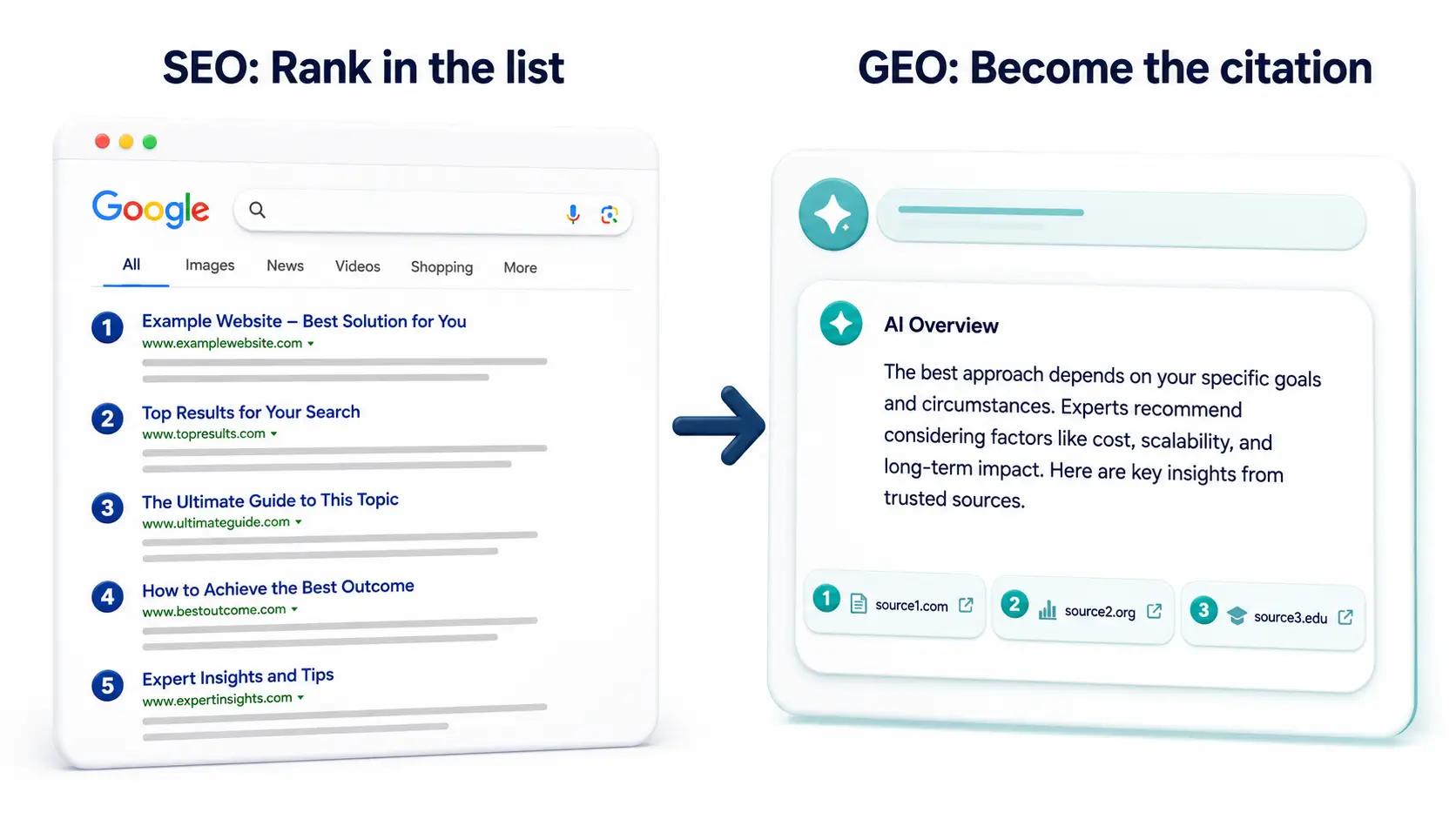 GEO vs SEO: Full Comparison Guide 2026 Split illustration contrasting traditional SEO ranked search results with GEO AI-generated answer citations