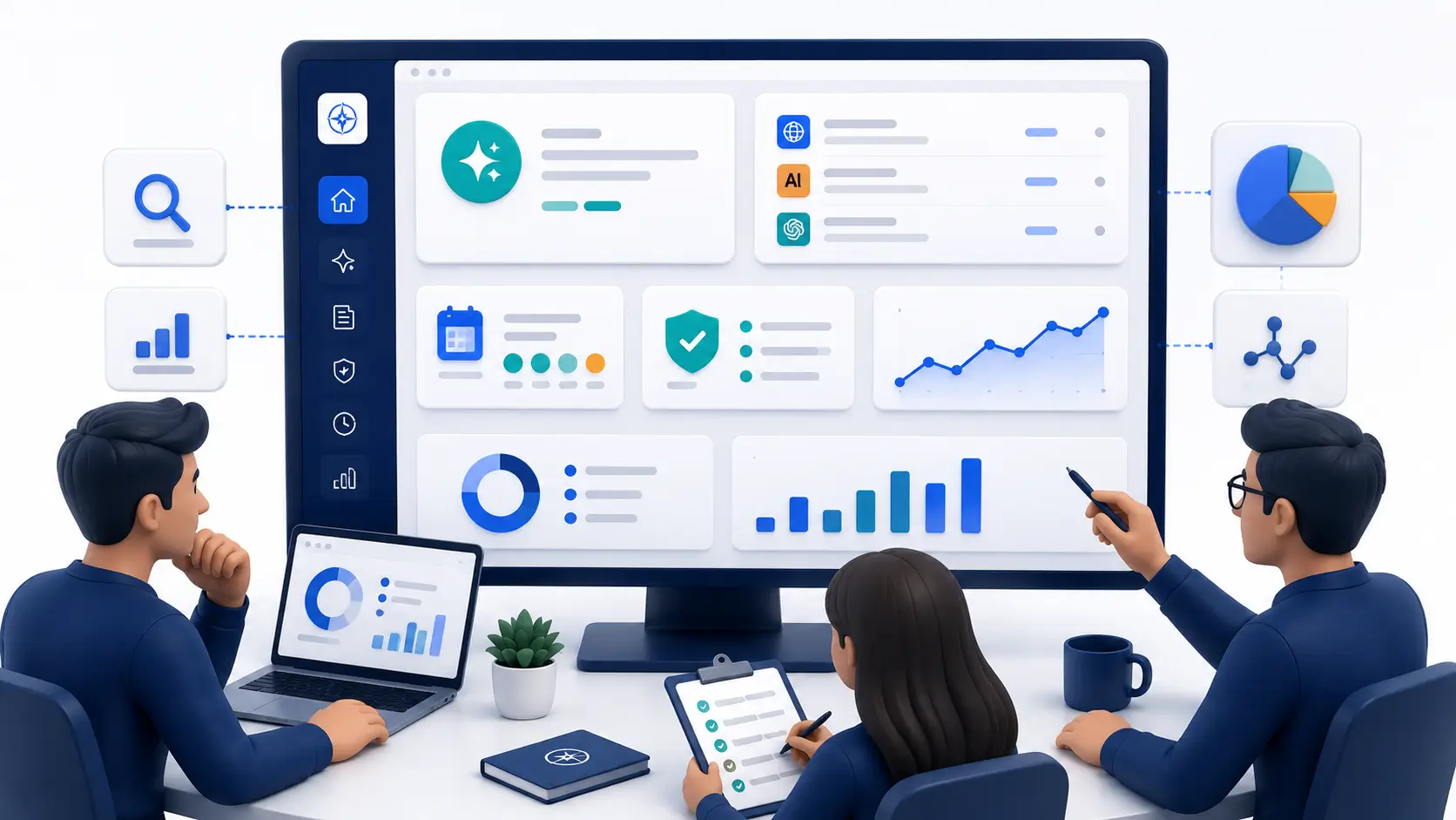 Editorial dashboard for GEO vs SEO showing AI citation signals, freshness dates, schema validation, and visibility metrics