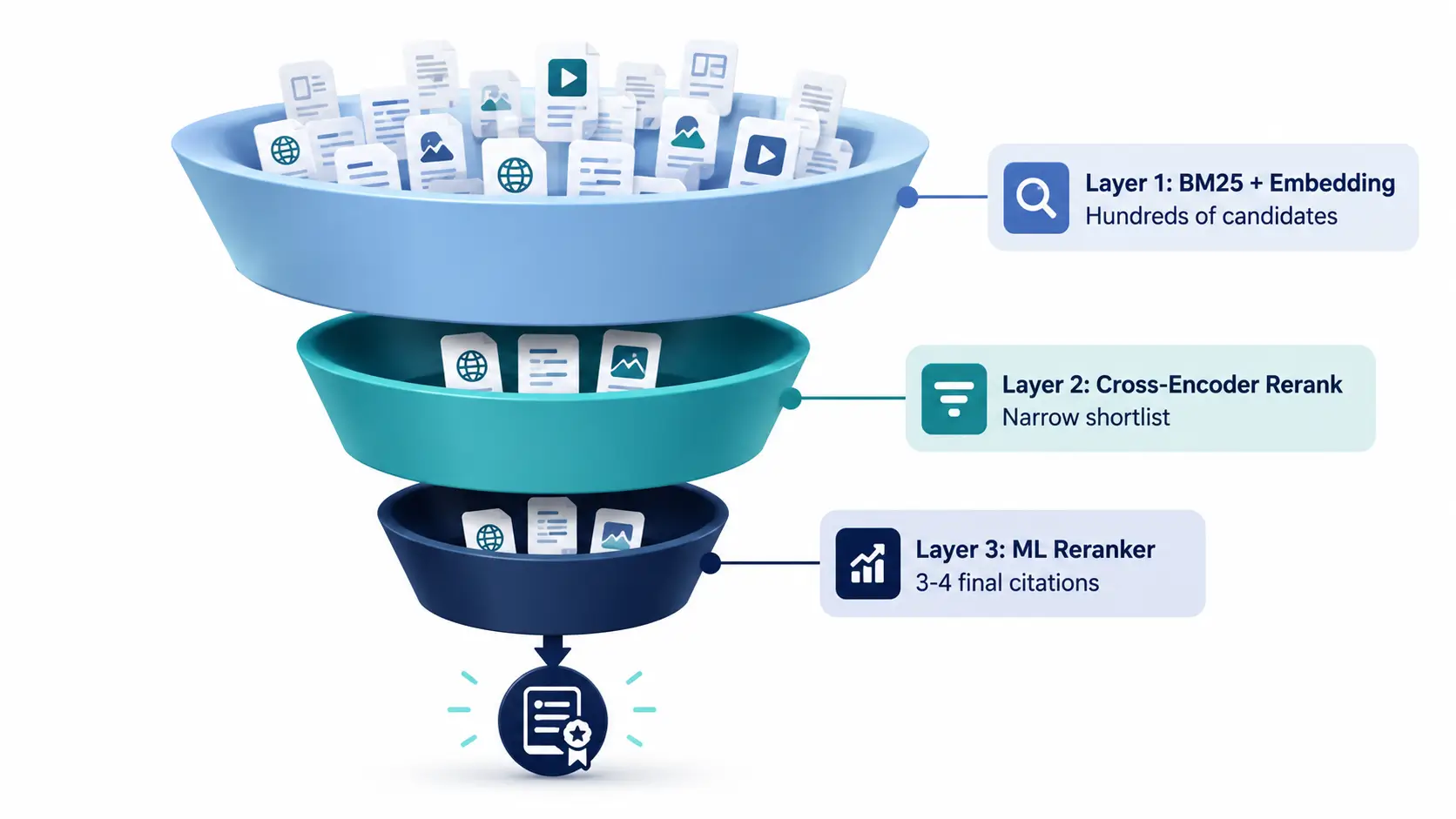 How to Get Cited in Perplexity AI: 9 Signals That Actually Work (2026) Three-layer funnel diagram of Perplexity AI's citation selection pipeline: BM25 retrieval, cross-encoder reranking, and ML reranker with entity signals