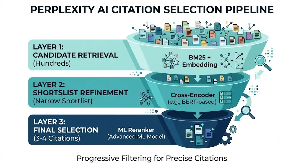 Perplexity AI three-layer citation selection pipeline Three-layer Perplexity AI citation selection funnel from hundreds of BM25 candidates to final 3-4 cited sources