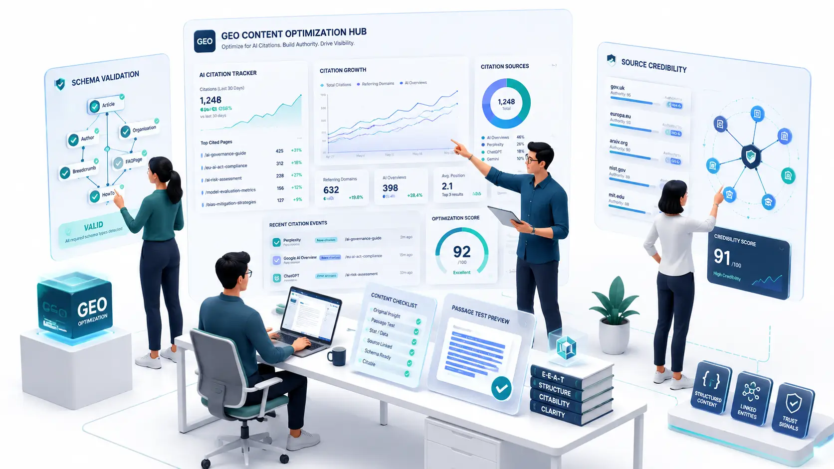Editorial dashboard for GEO content writing showing AI citation signals, freshness dates, schema validation, and visibility metrics