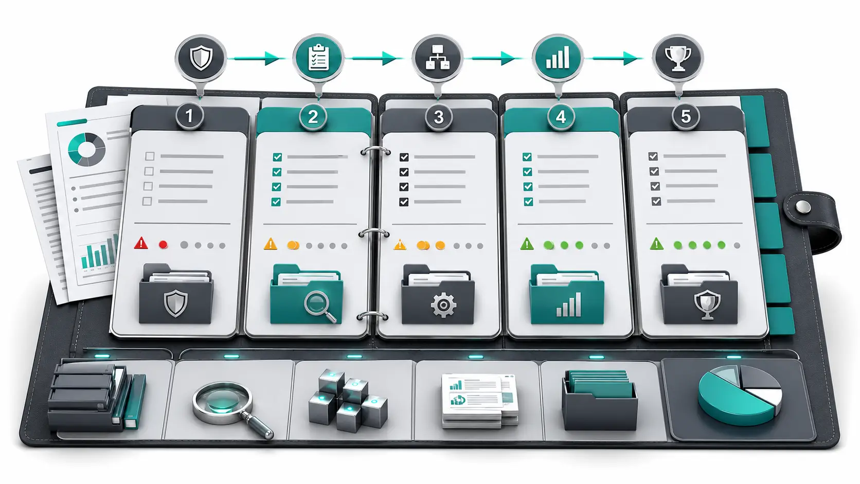 AI governance maturity assessment workbook with five levels, evidence folders, and upgrade paths.