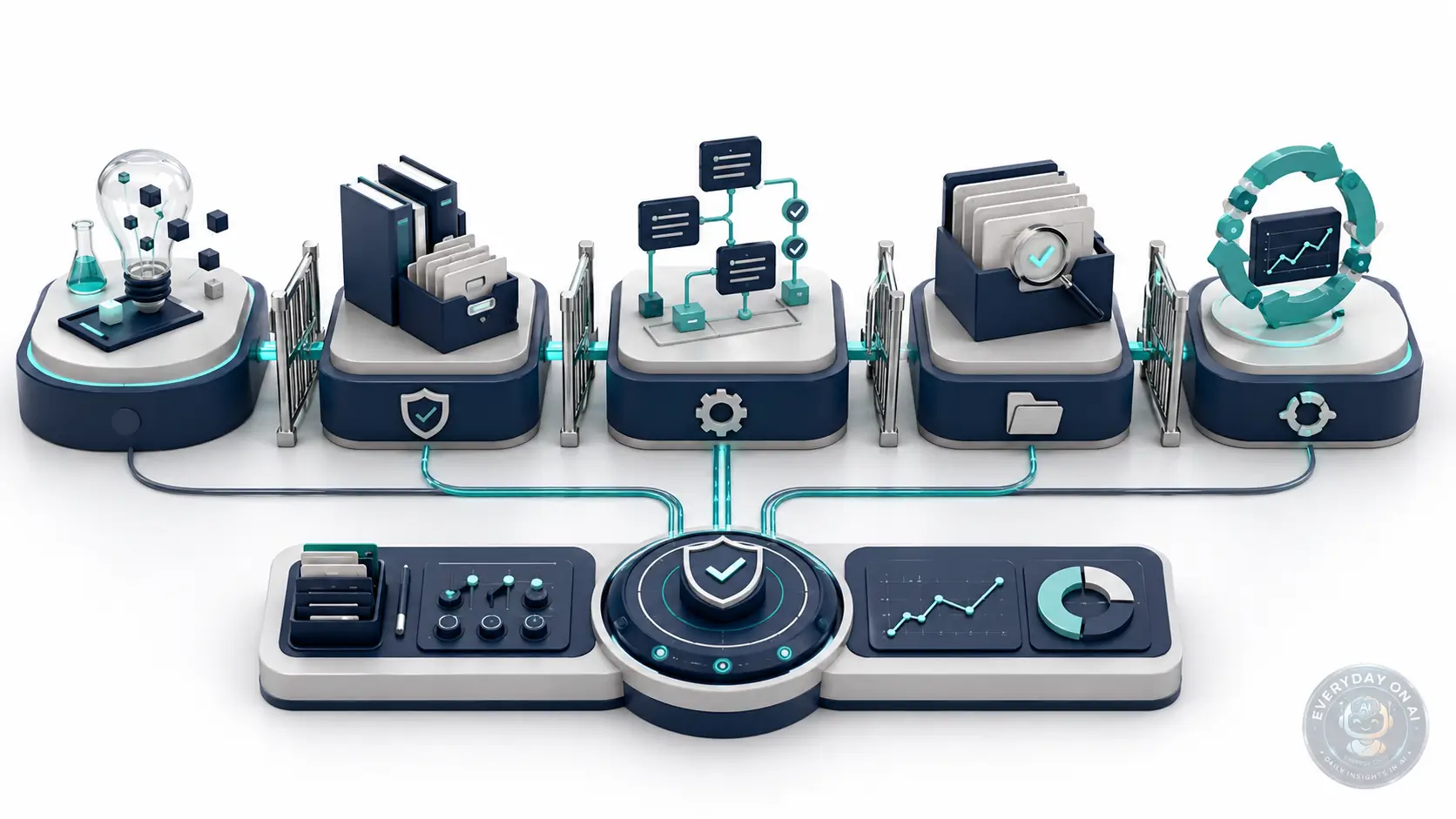 Policy atlas showing five AI governance maturity zones connected by control gates and adaptive monitoring loops.