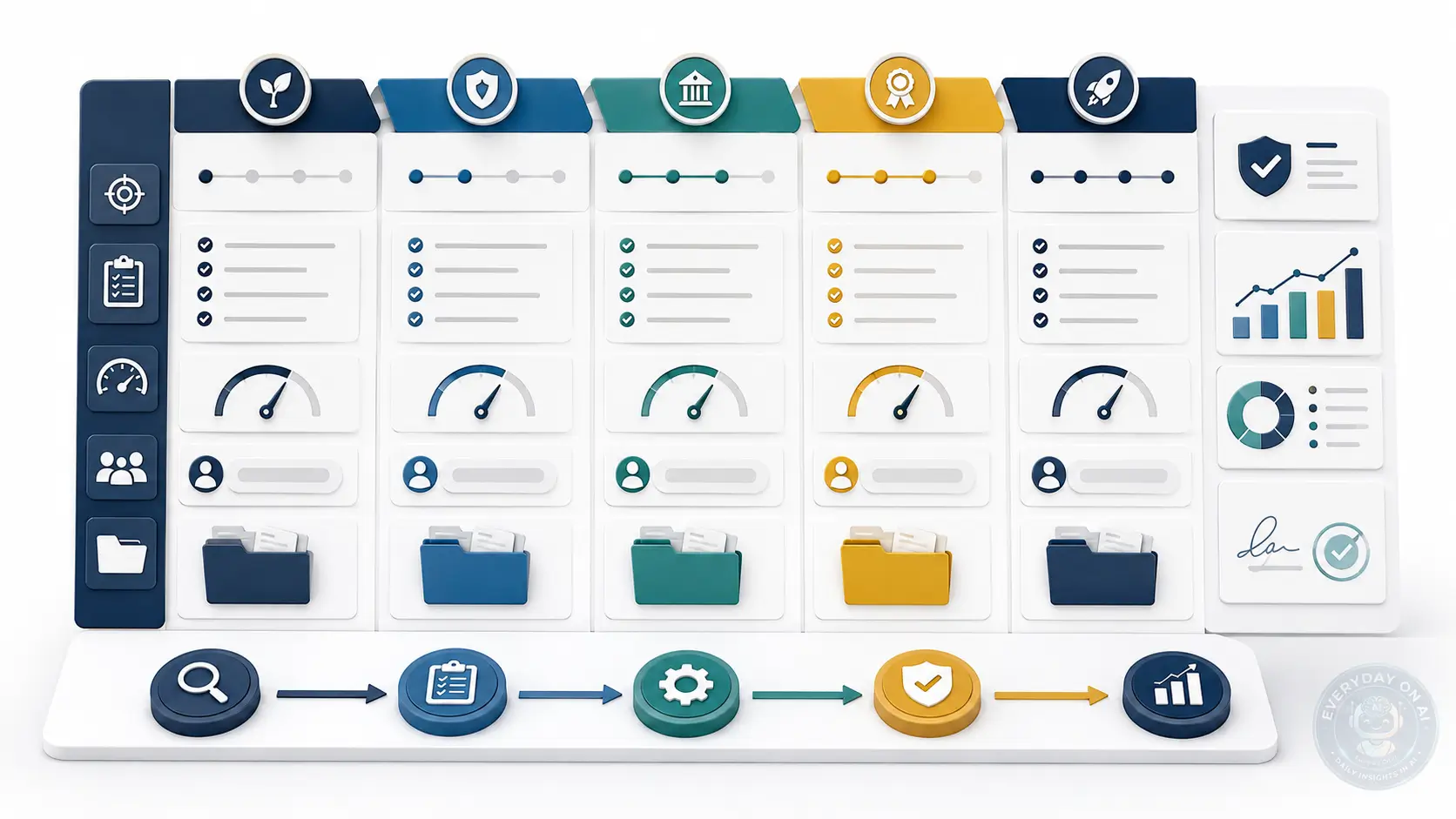 AI governance maturity model template with five readiness levels, scorecards, evidence folders, and roadmap arrows