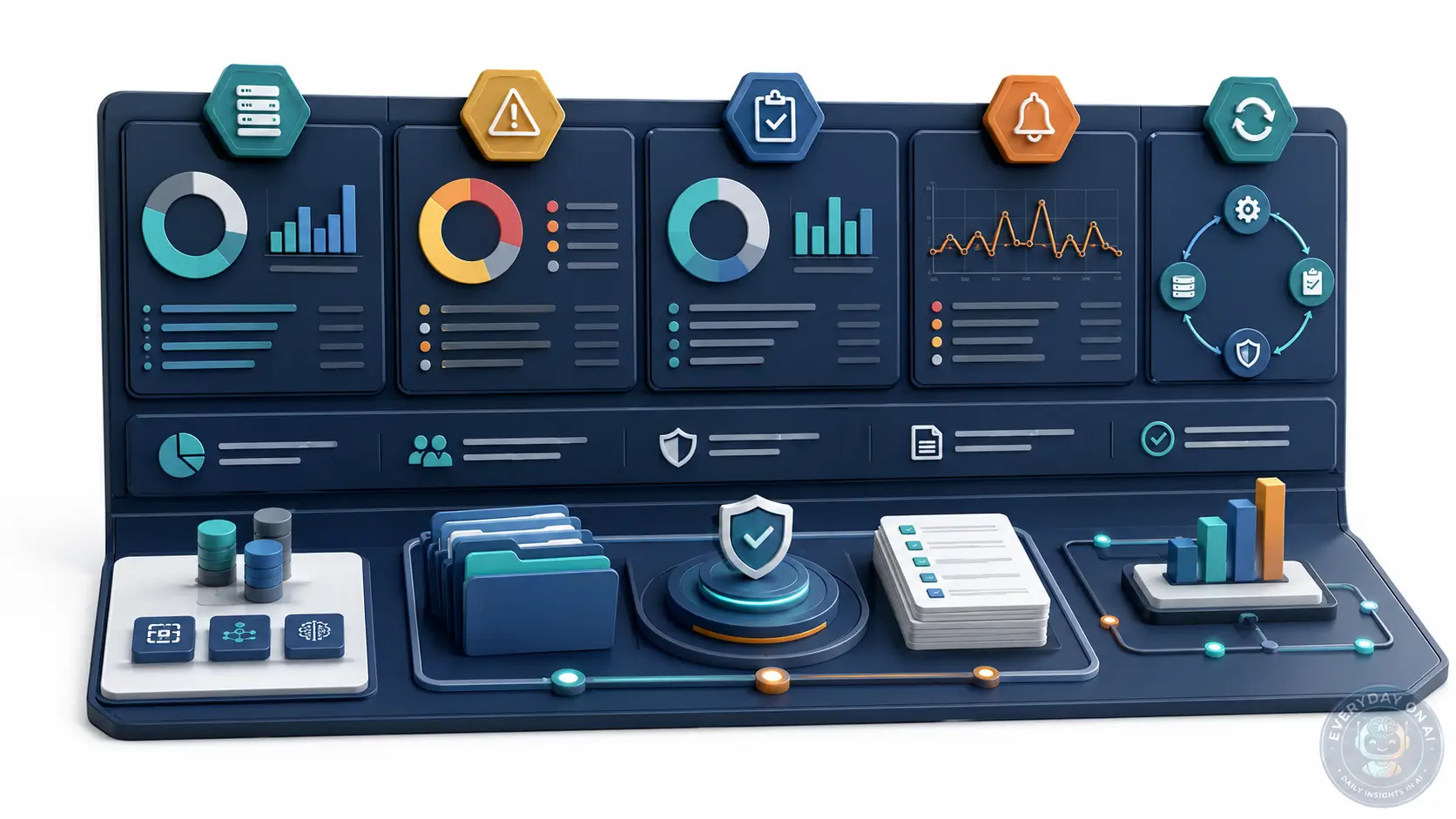 AI governance metrics board with inventory coverage, risk classification, evidence freshness, and monitoring loops