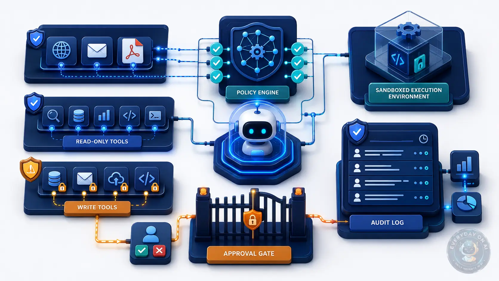 AI agent tool gating and human approval architecture for prompt injection prevention