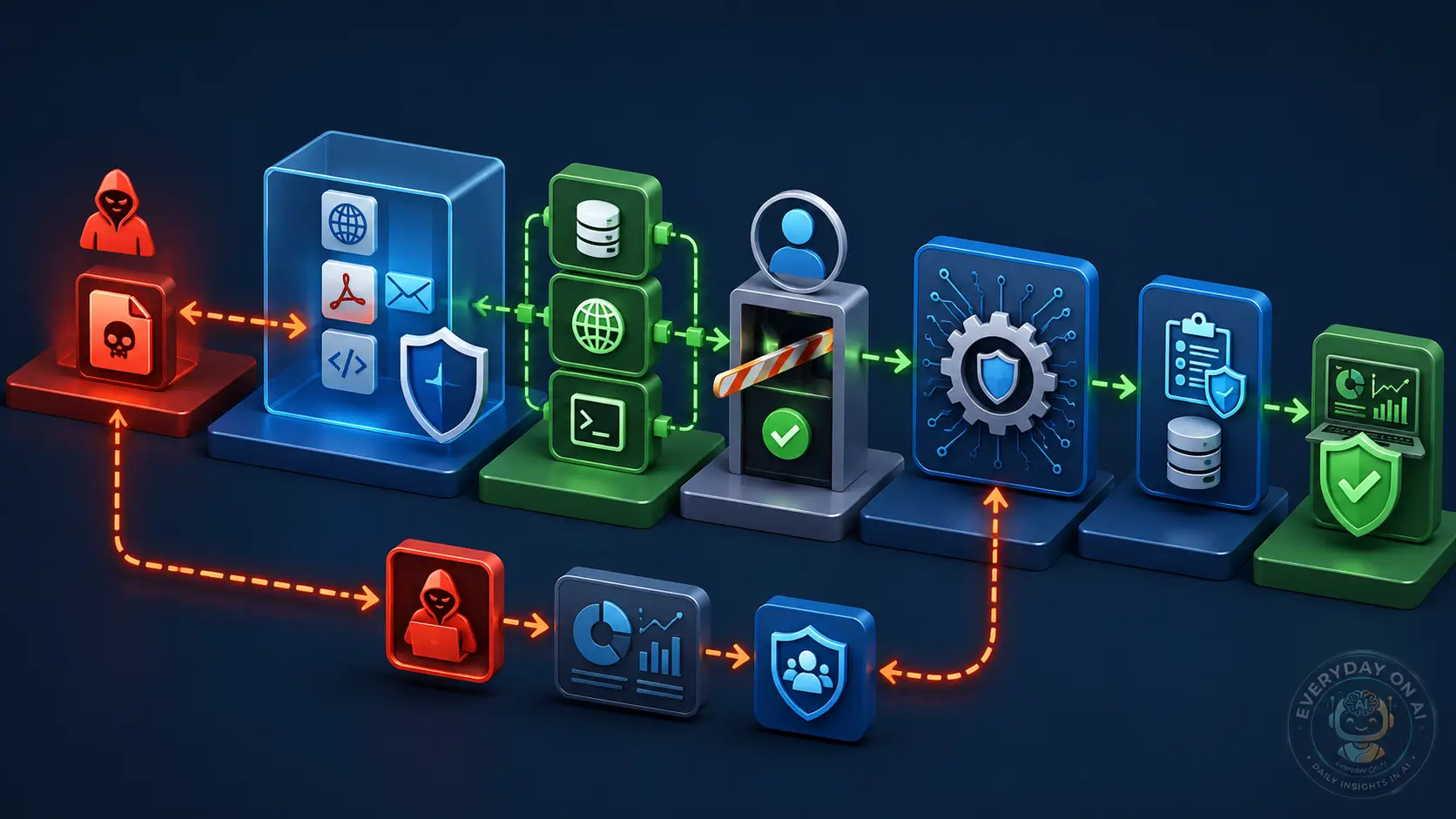 RAG prompt injection security architecture showing retrieved content protected by guardrails