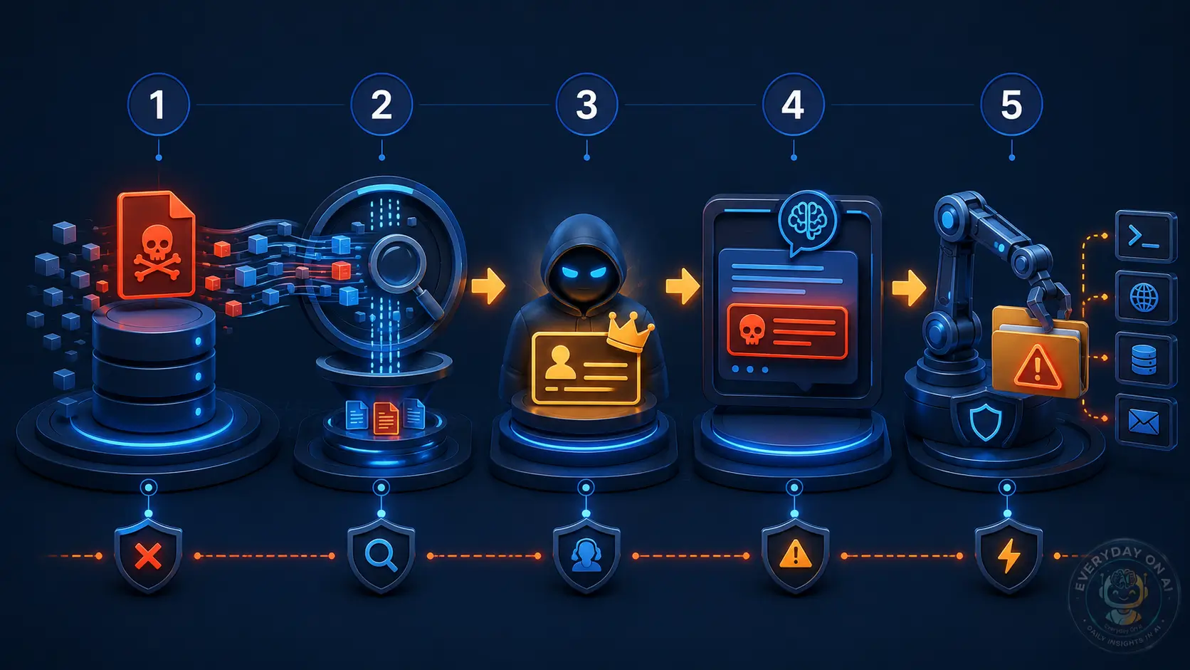 Five stage RAG prompt injection attack chain from corpus poisoning to unsafe tool action