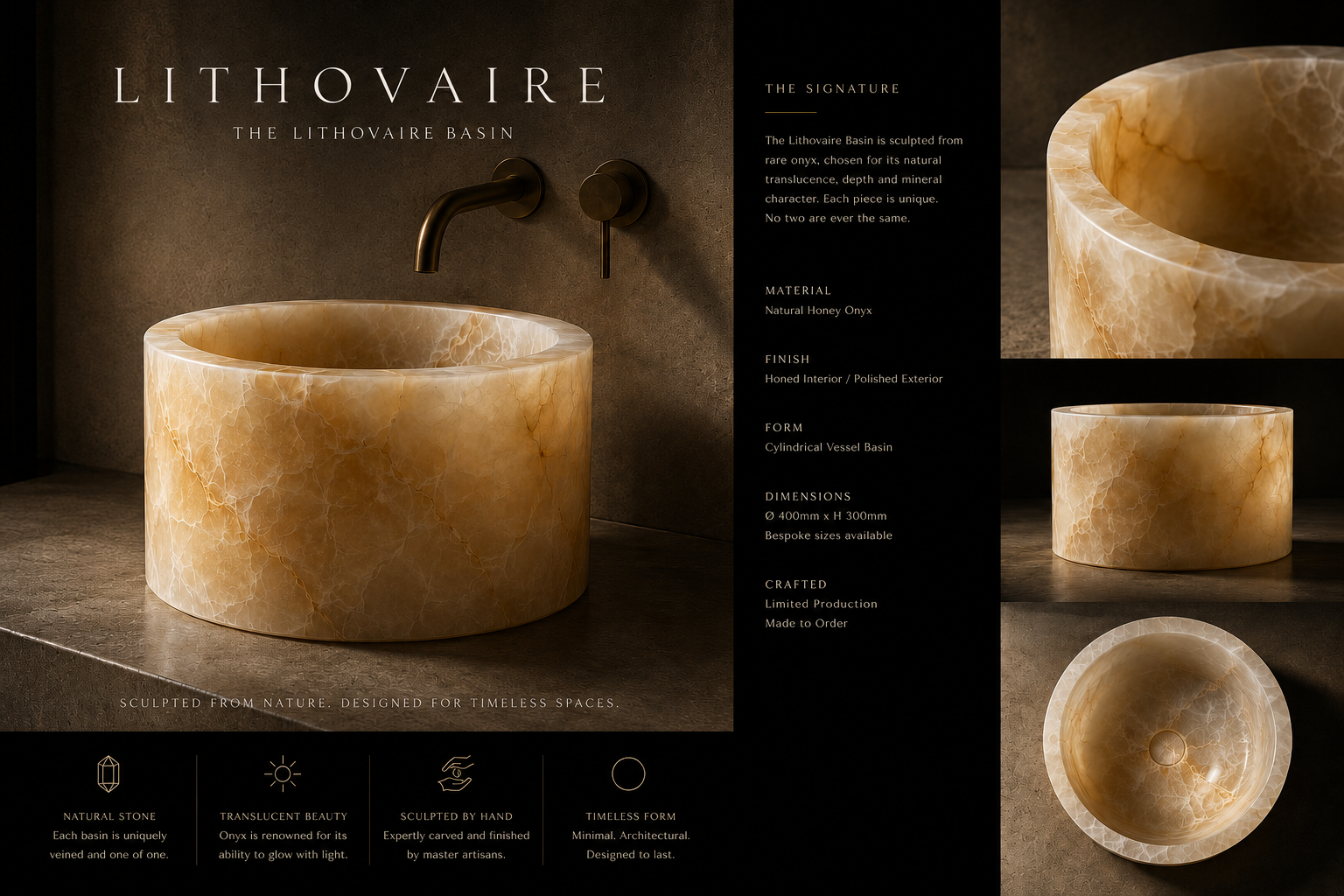 The Lithovaire Basin installed — sculpted from natural honey onyx