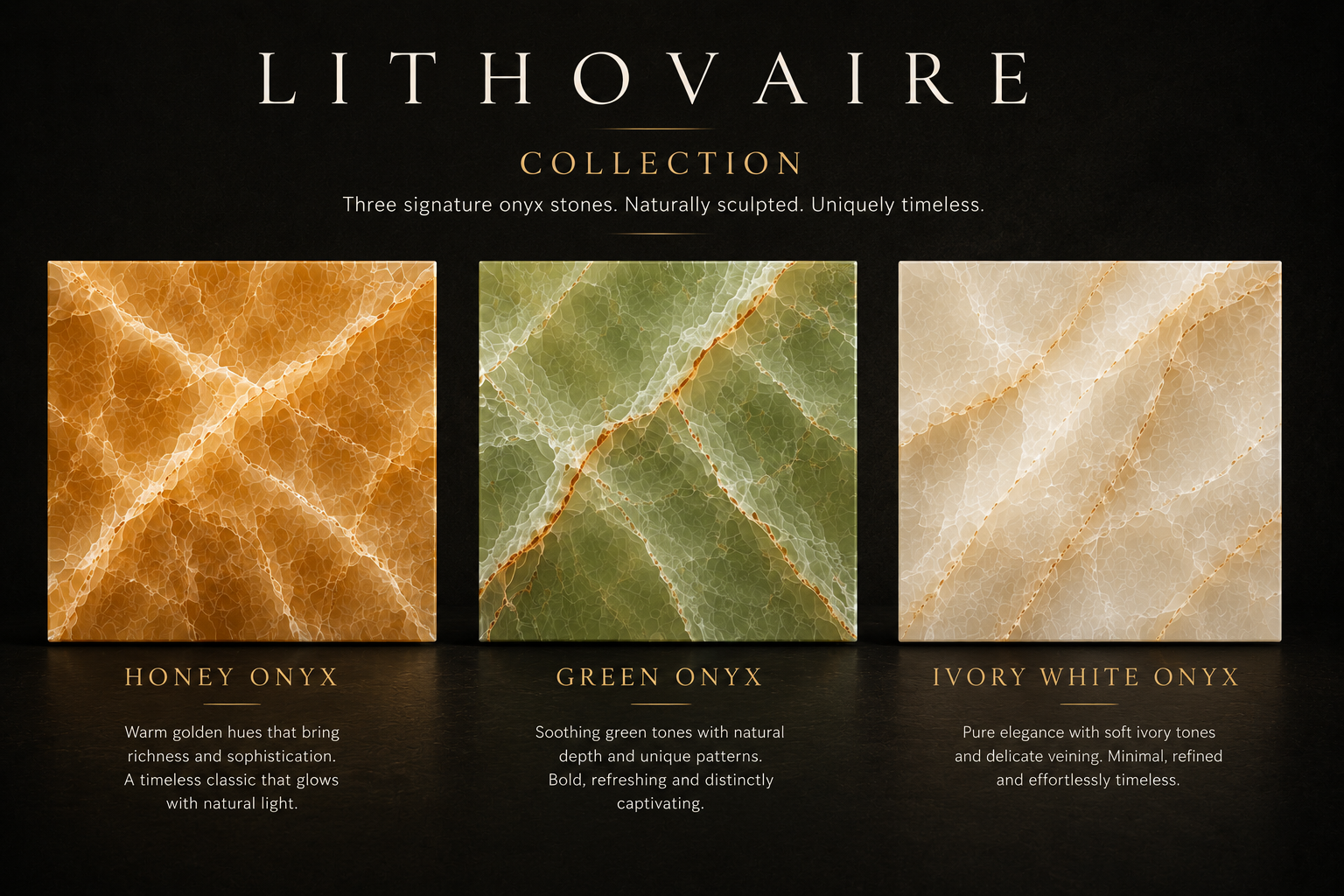 Lithovaire onyx collection — honey, green and white onyx samples