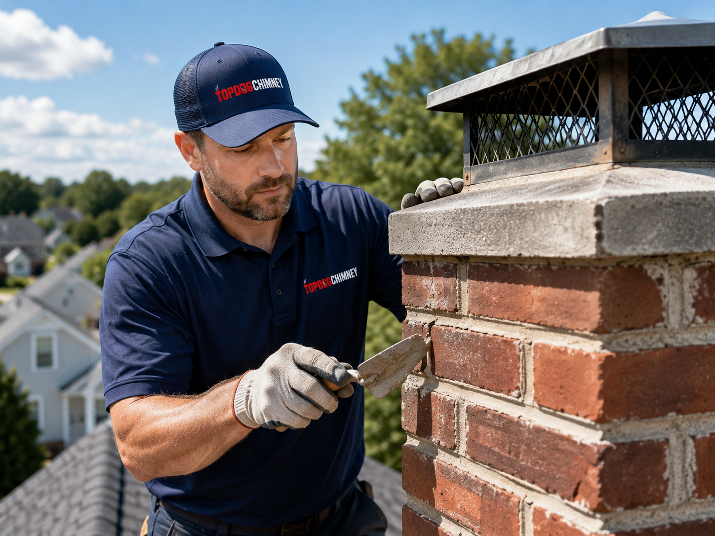 TopDog Chimney technician repointing brick chimney on the roof