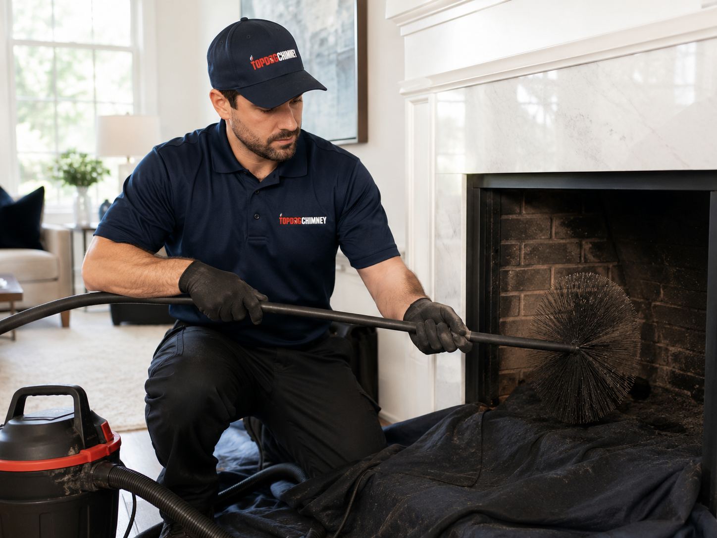 TopDog Chimney technician repairing firebrick and refractory mortar inside firebox
