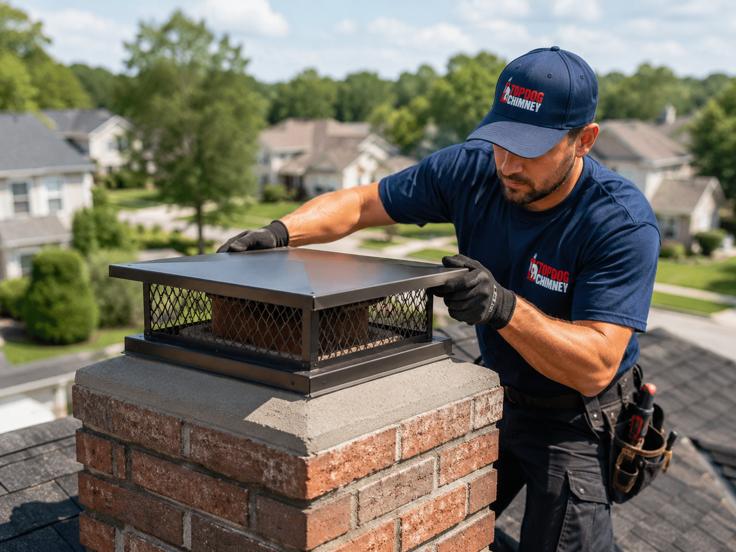 TopDog Chimney technician installing chimney cap on the roof