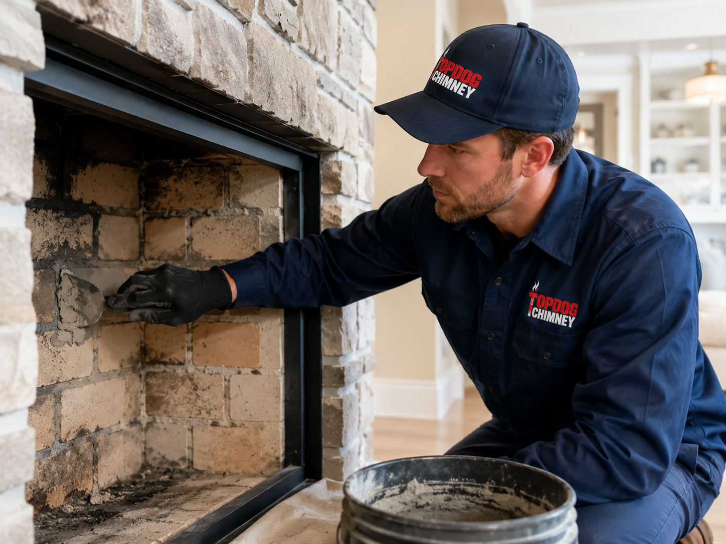 TopDog Chimney technician cleaning a fireplace with brush and vacuum