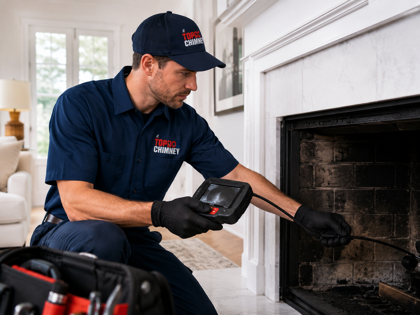 TopDog Chimney technician using inspection camera at a fireplace