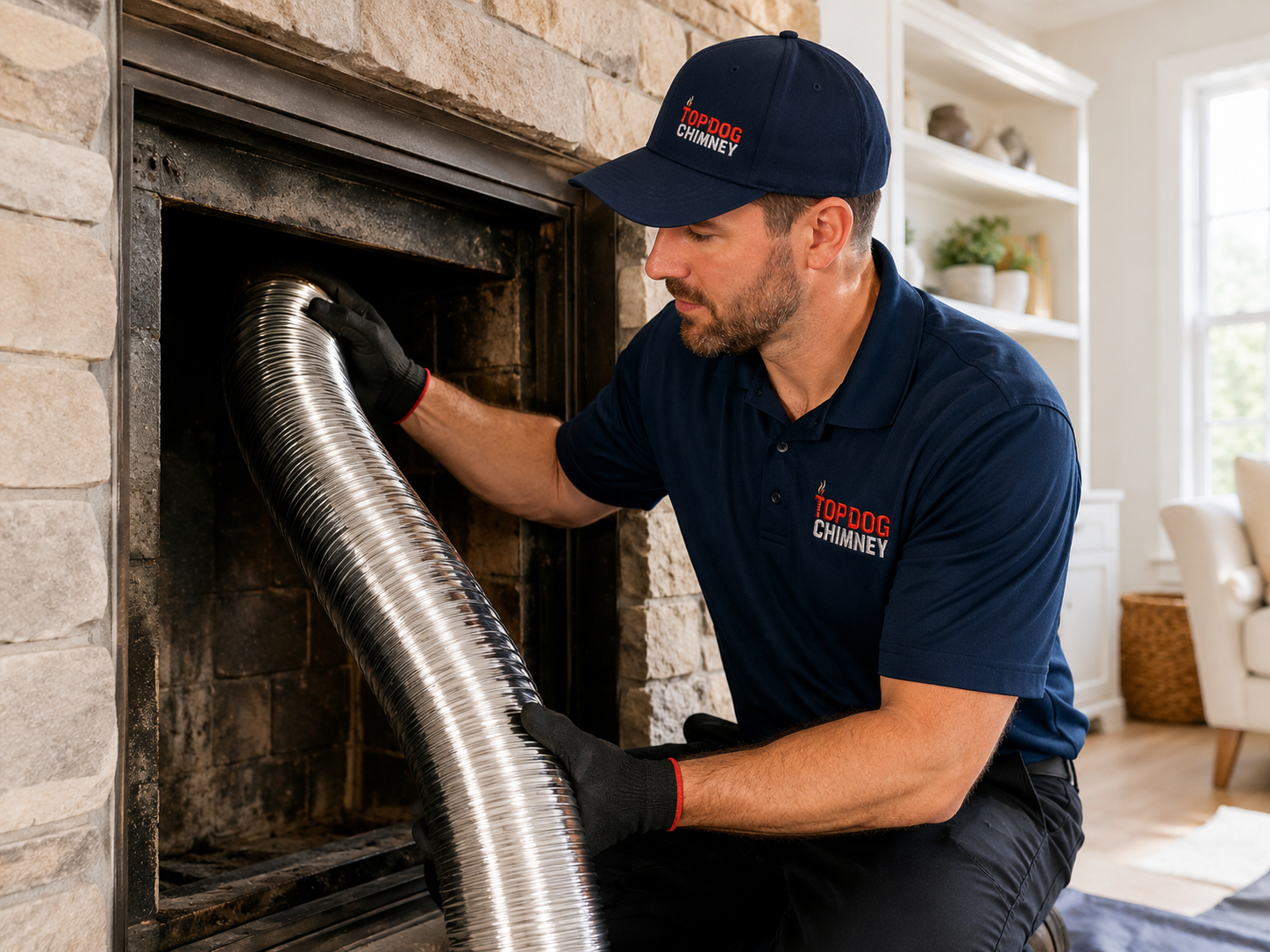 TopDog Chimney technician installing stainless steel chimney liner