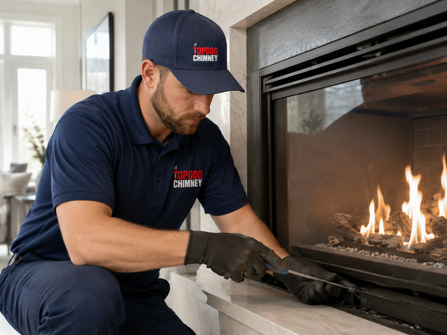 TopDog Chimney technician servicing gas fireplace with visible flames