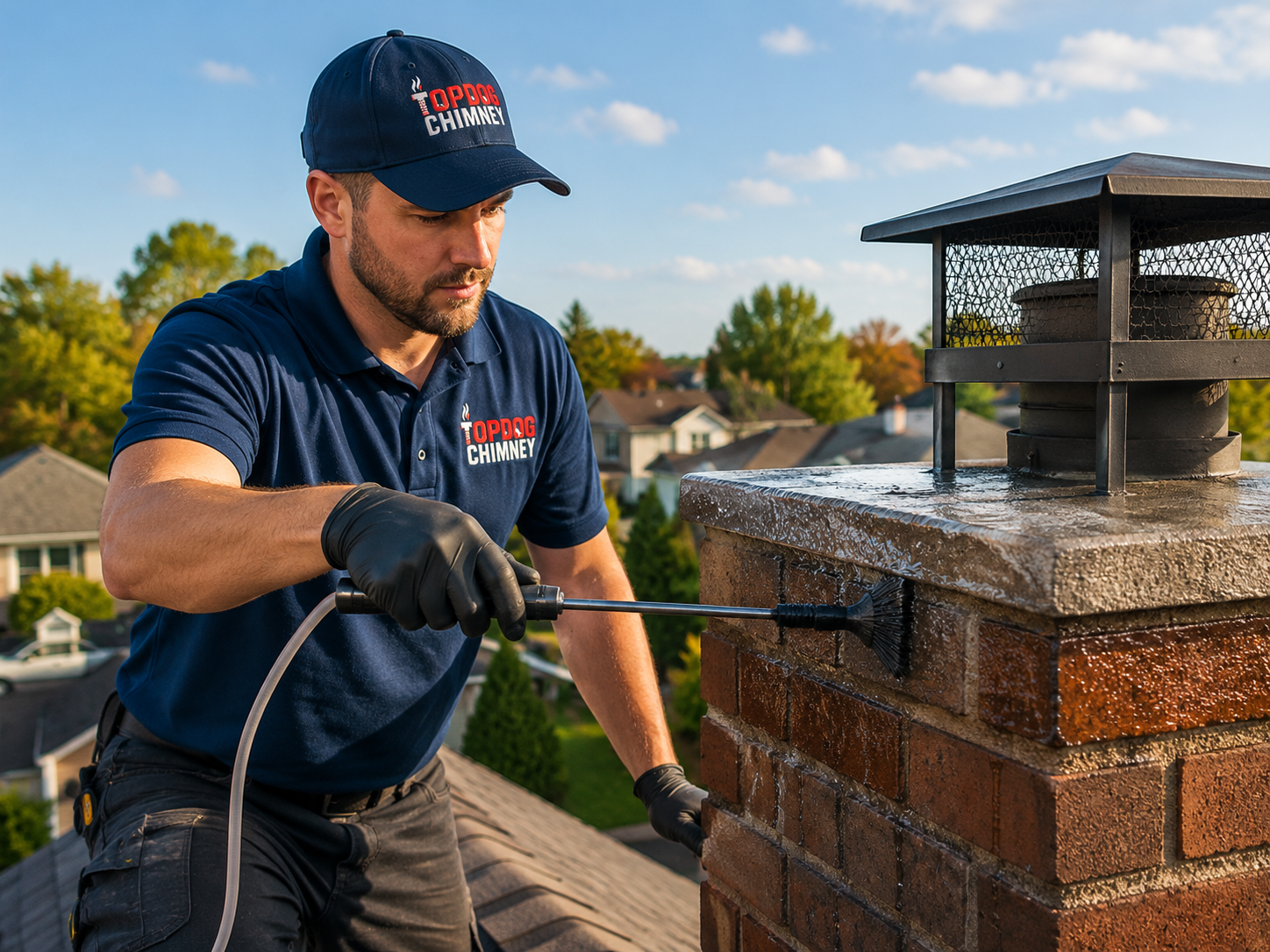 TopDog Chimney technician applying waterproofing sealant to brick chimney