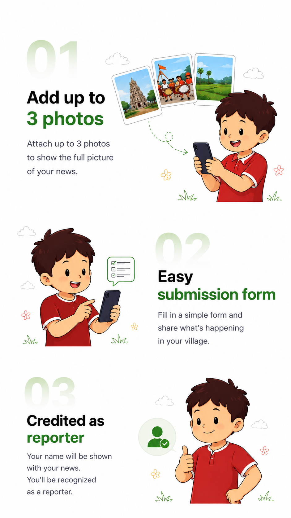 Add up to 3 photos, easy submission form, credited as reporter