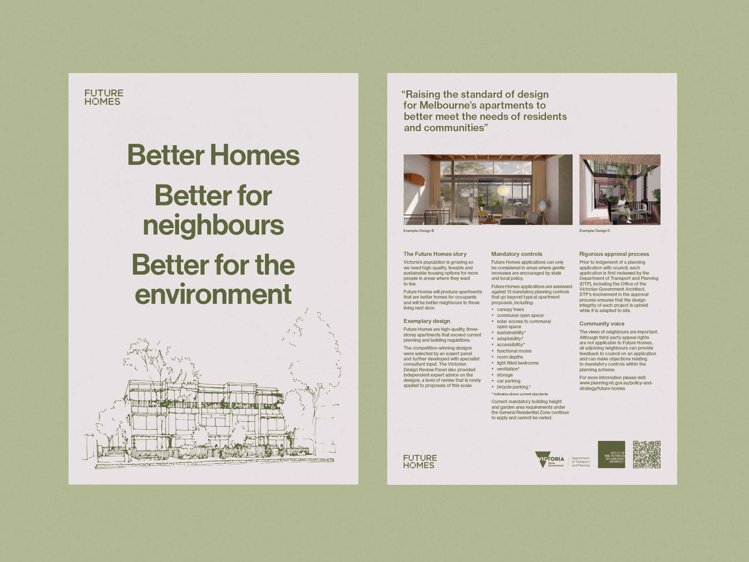 Two side view of a poster displayed on green background. Left side contains large green text that reads Better Homes, Better for neighbours, Better for the environment.