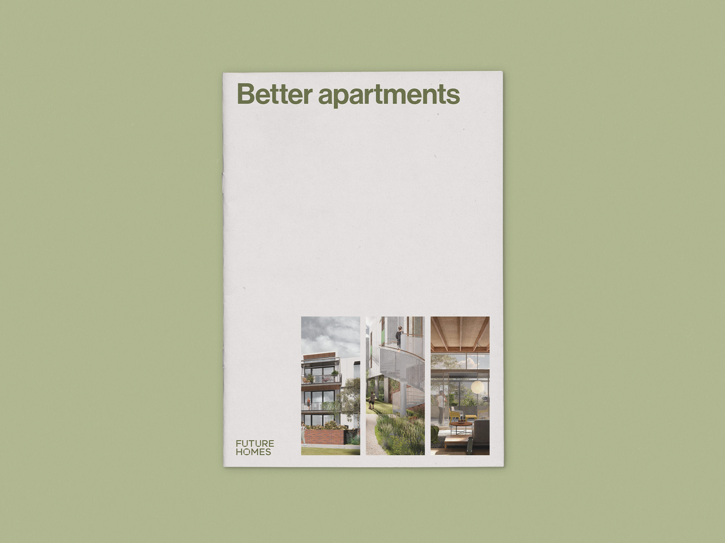 An A4 brochure sits on a green background. The cover reads Better apartments in green with three small photos in the right bottom corner.