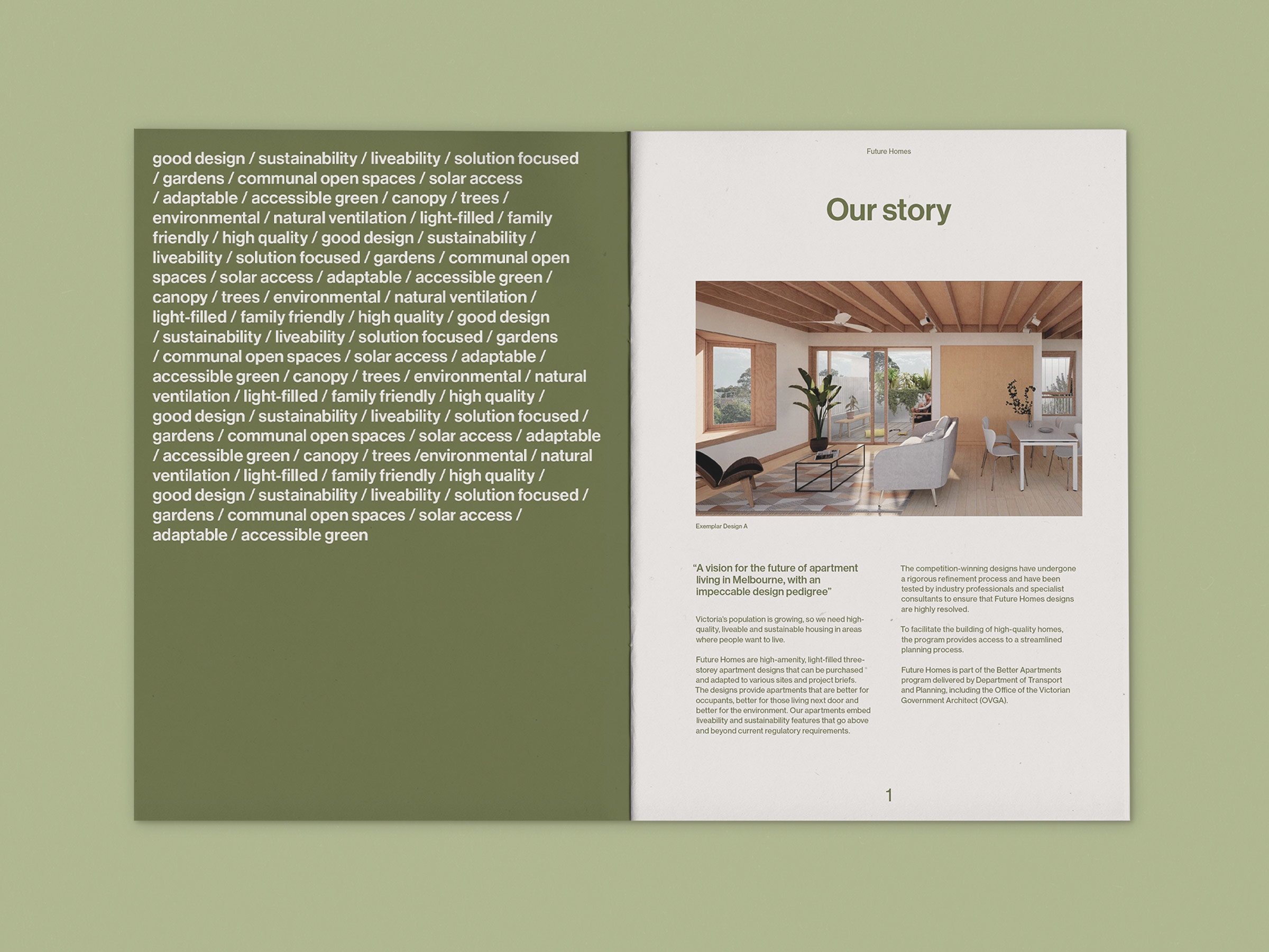 Spread view of brochure sitting on a green background. Left page is dark olive green with small white text. Right page has title Our Story with an image and smaller text below.