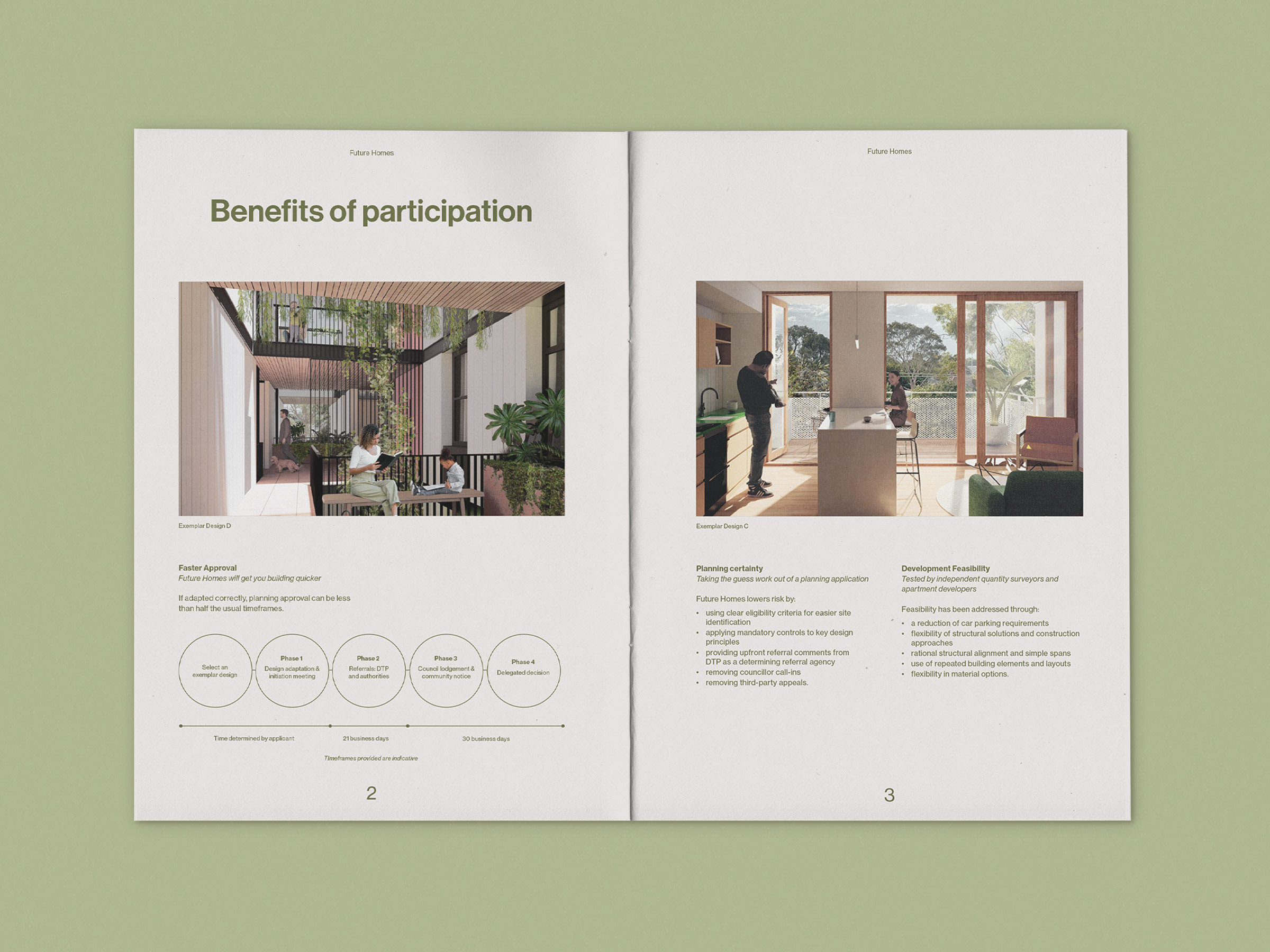 Spread view of brochure sitting on a green background. Left page has title Benefits of Participation with an image and smaller text below. Right page has an image and smaller text below.