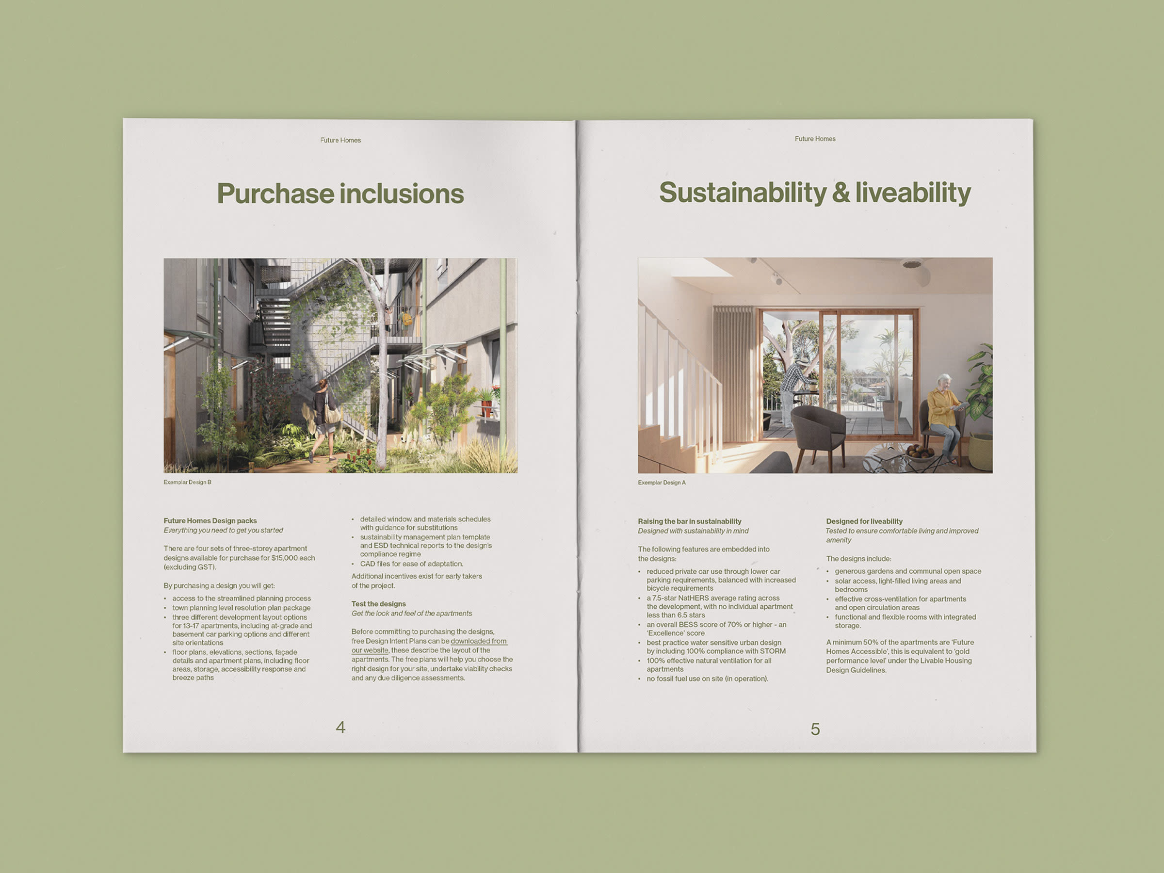 Spread view of brochure sitting on a green background. Left page has title Purchase inclusions with an image and smaller text below. Right page has title Sustainability & liveability with an image and smaller text below.